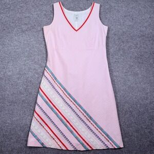 Garnet Hill Dress Womens 6 Pink EUC Seersucker Lace Ribbon Trim V-Neck A-Line